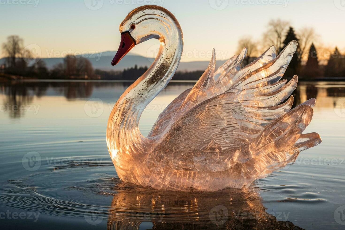 Mirror reflections enhancing the complexity of a translucent ice swan photo