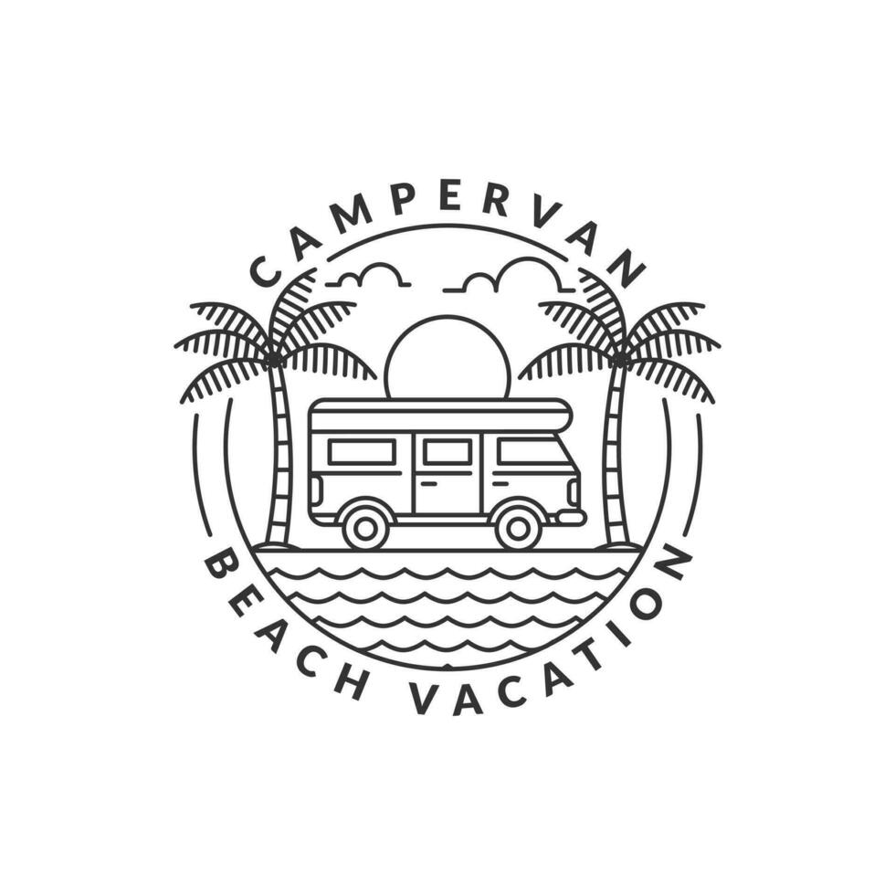 beach and campervan badge monoline or line art style vector illustration