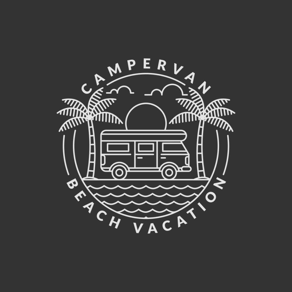 beach and campervan badge monoline or line art style vector illustration