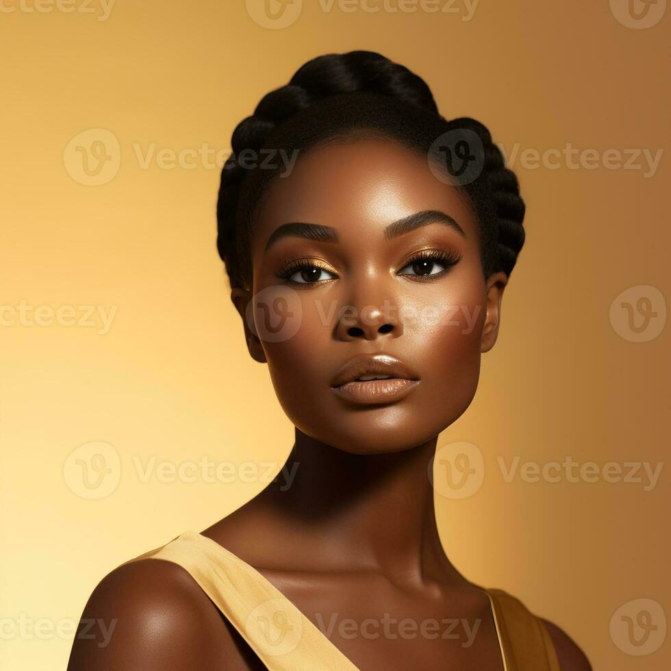 belleza retrato de negro mujer cara con natural piel, estilizado con un trenzado updo - ai generativo foto