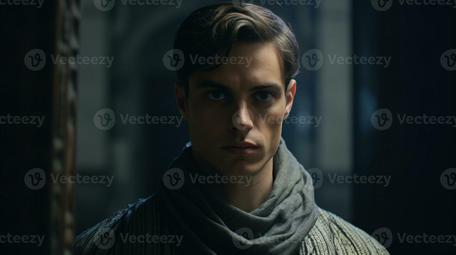 A man in a gray sweater standing in a dark, stone-arched hallway with a window - Ai Generative photo