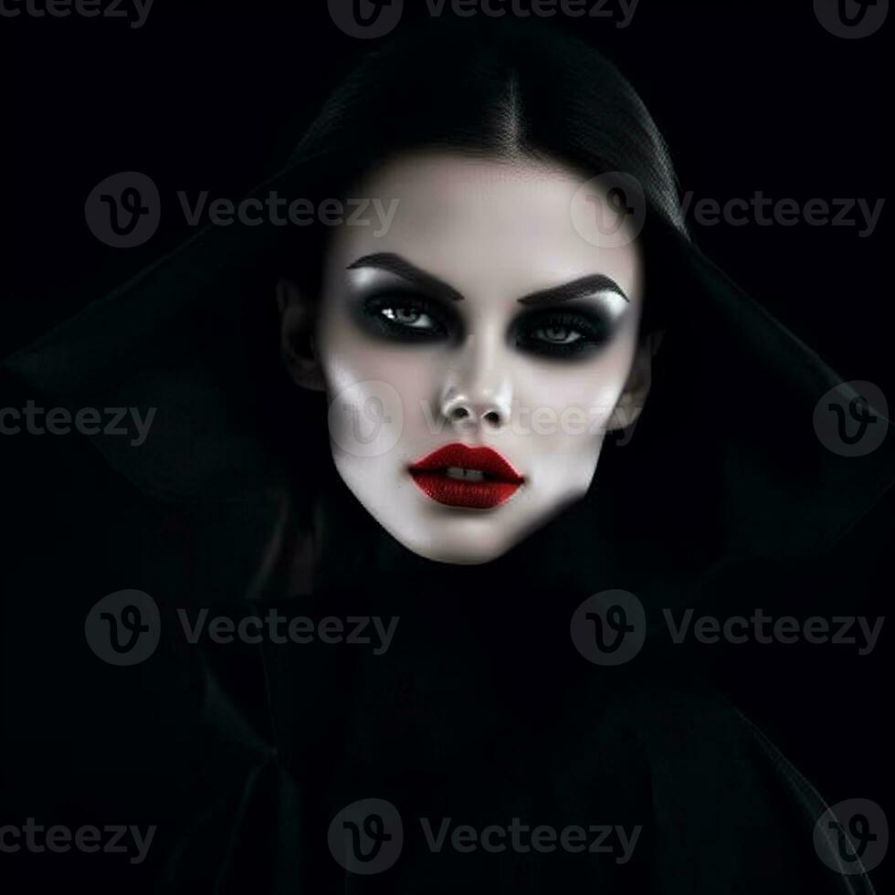 Beautiful woman in a black hooded cloak, set against a dark background, creating a somber mood - Ai Generative photo