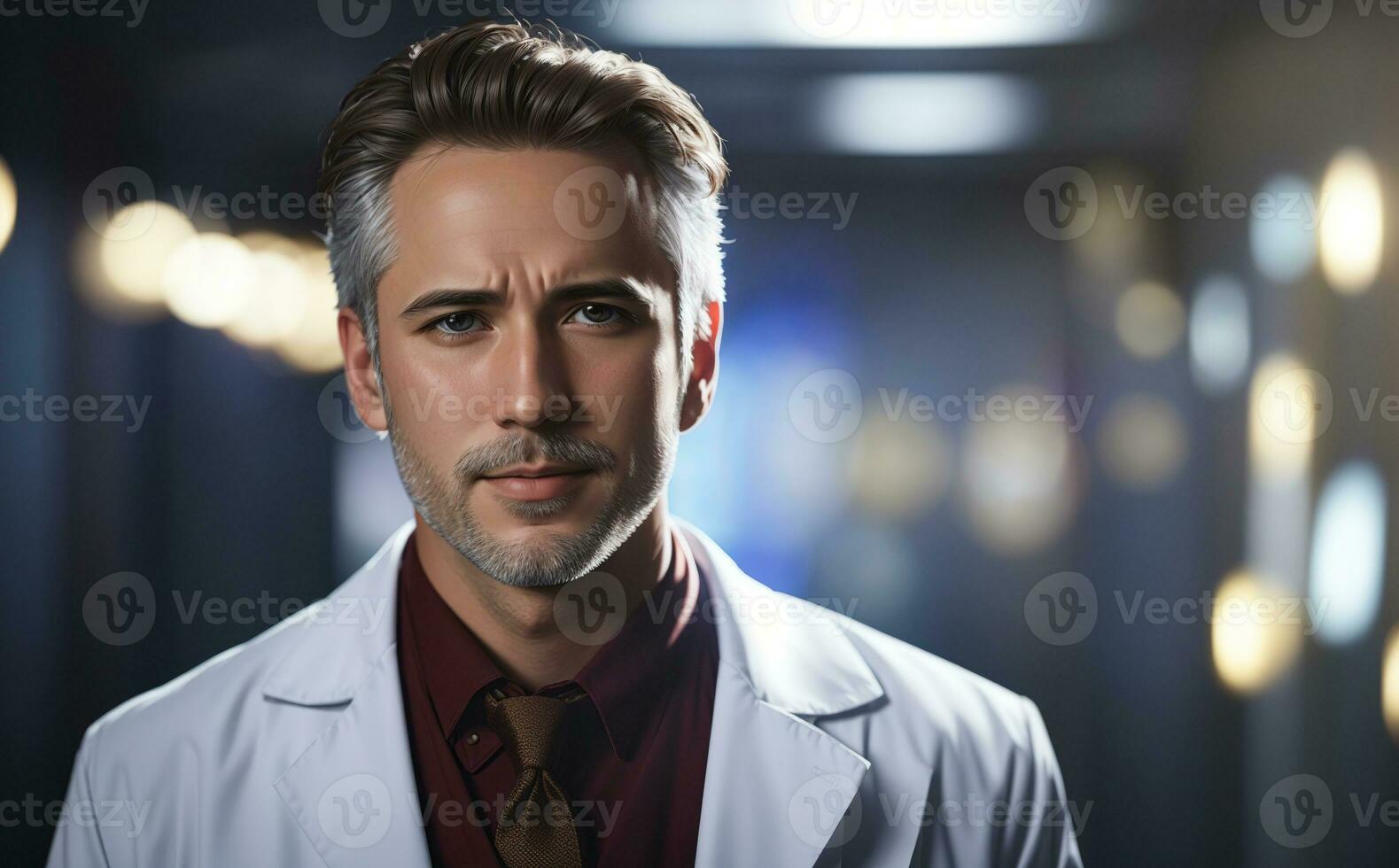 A portrait of doctor with white coat, standing in a dark blue room with ceiling lights - Ai Generative photo