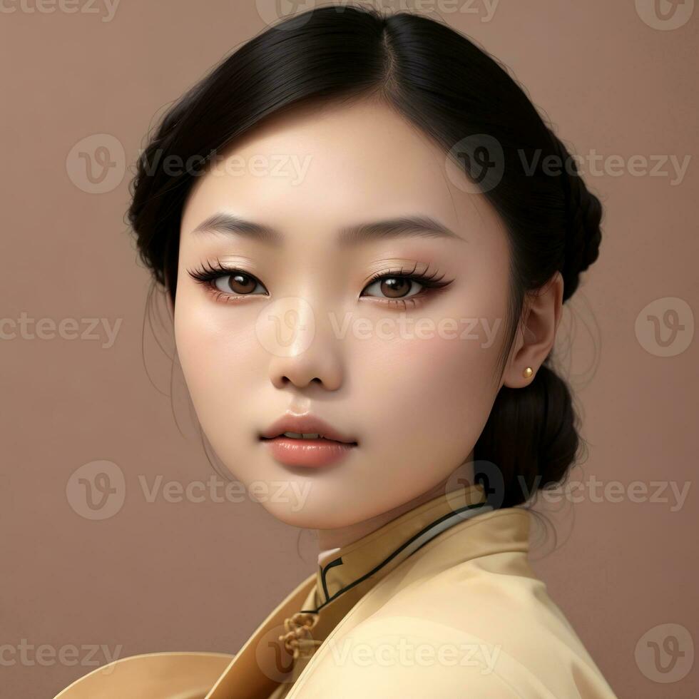 Chinese female model with dark hair styled in a bun, beige background - Ai Generative photo