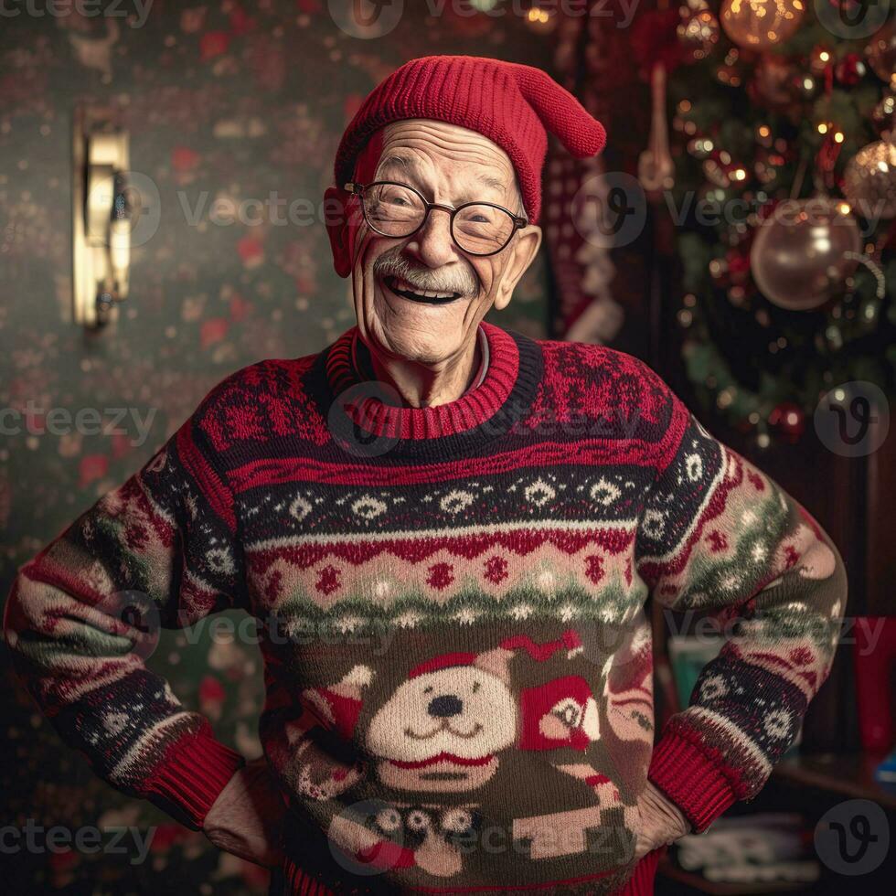 un antiguo hombre vistiendo un festivo Navidad suéter y un rojo gorro, en pie en frente de un hermosamente decorado Navidad árbol - ai generativo foto