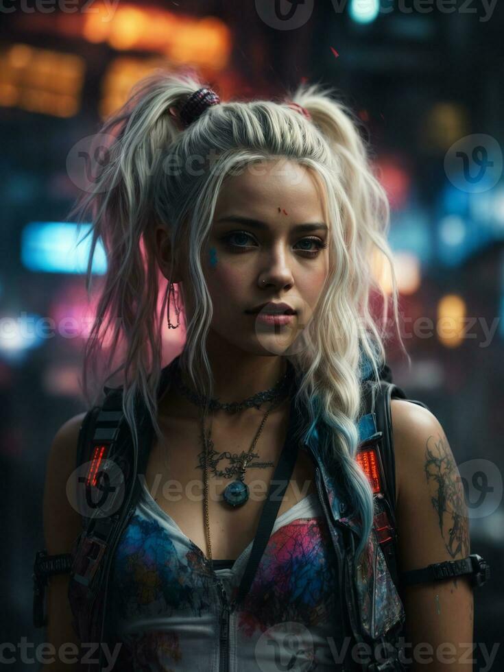 Cyberpunk, Beautful Girl, blonde hair with pink highlights, tattoos on their arms, and a colorful tank top, standing in a busy city street at night - Ai Generative photo