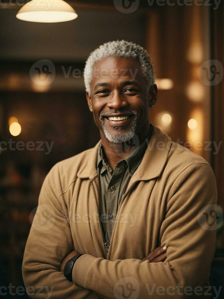 Portrait of a smiling black african american man, wearing a beige jacket over a dark shirt, standing in front of a restaurant - Ai Generative photo