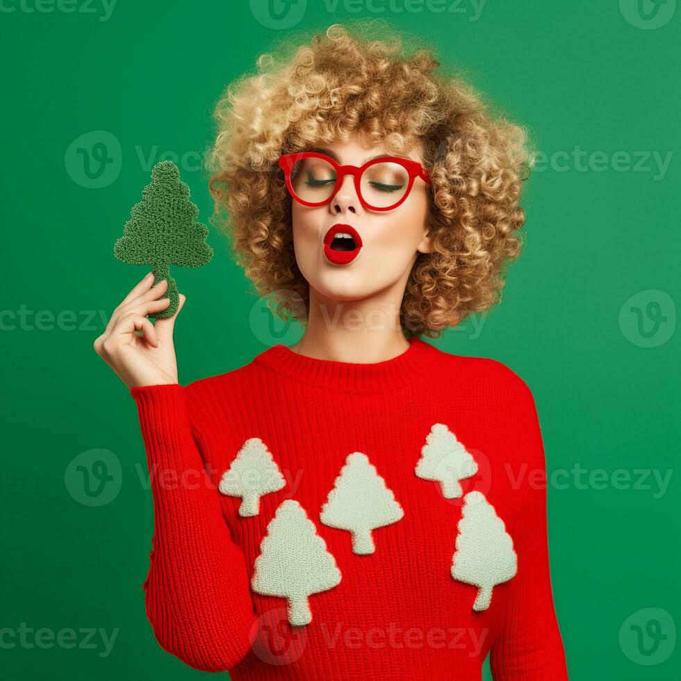 Funny curly lady in a red sweater, holding a small, glittery green Christmas tree decoration - Ai Generative photo