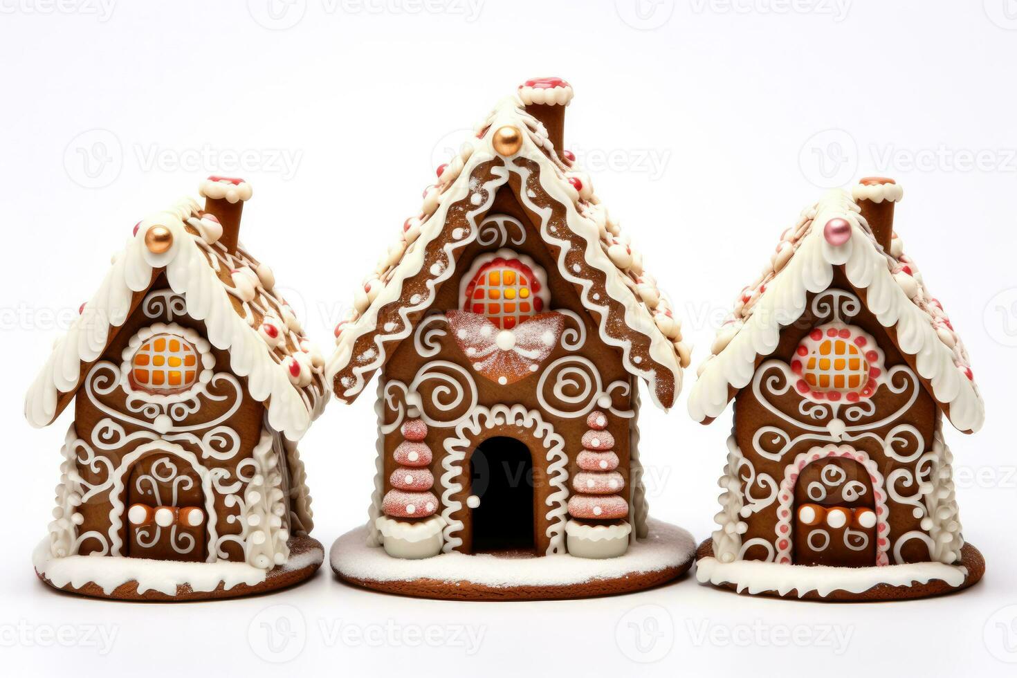 Stunning detailed chocolate gingerbread houses with candy adornments isolated on a white background photo