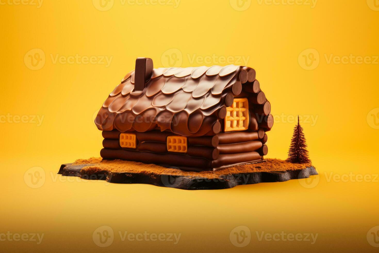 Progressive creation of a chocolate log cabin isolated on a gradient background photo