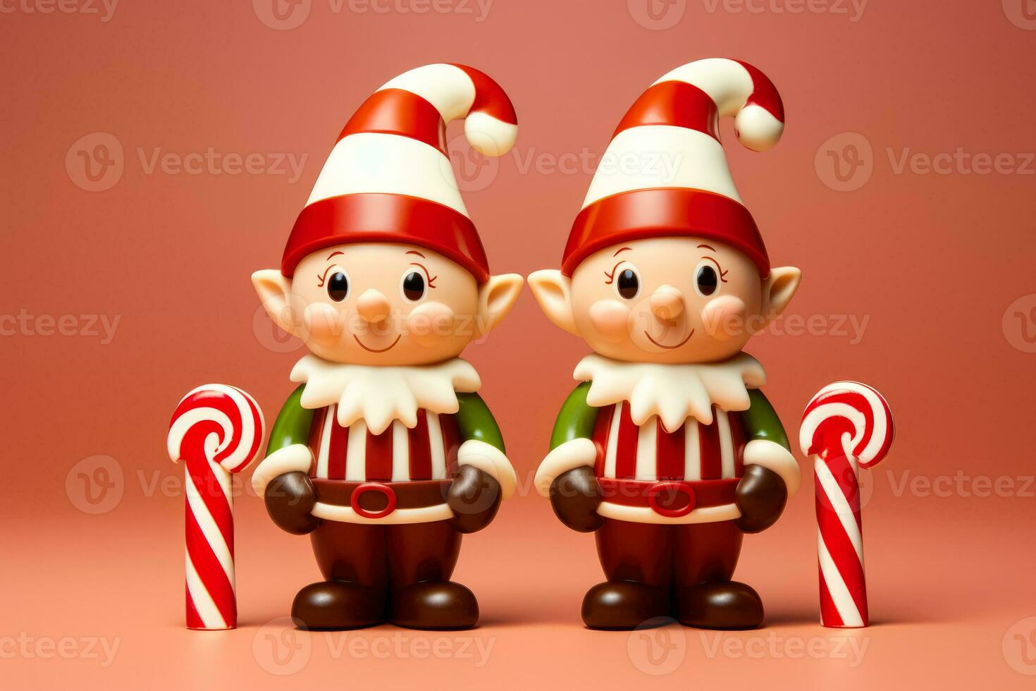 Artisan chocolate elves with candy cane accessories isolated on a gradient background photo