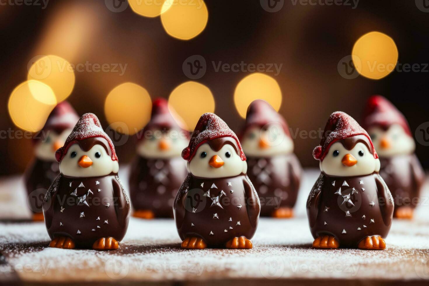 Artistic angles of chocolate Christmas Penguins background with empty space for text photo