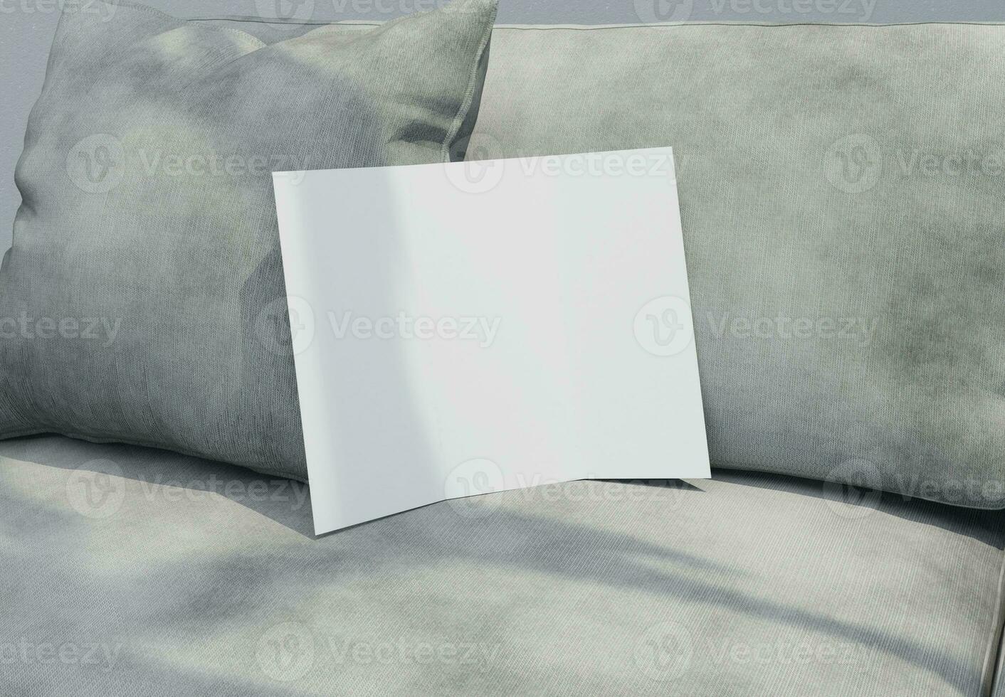 a blank trifold flyer on top of sofa with textured applied photo