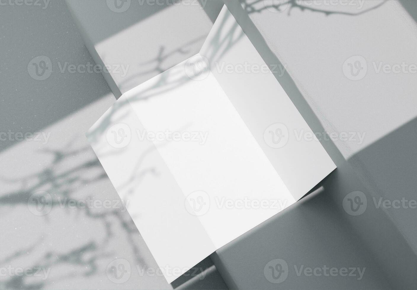 A blank trifold brochure blank with paper texture on top of concrete stair background photo