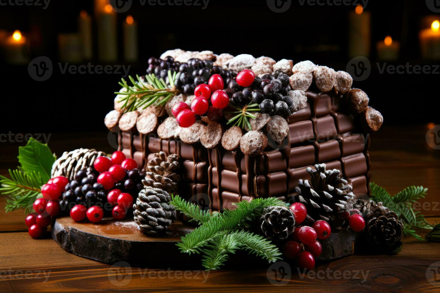 Building a chocolate log cabin adorned with festive edibles background with empty space for text photo