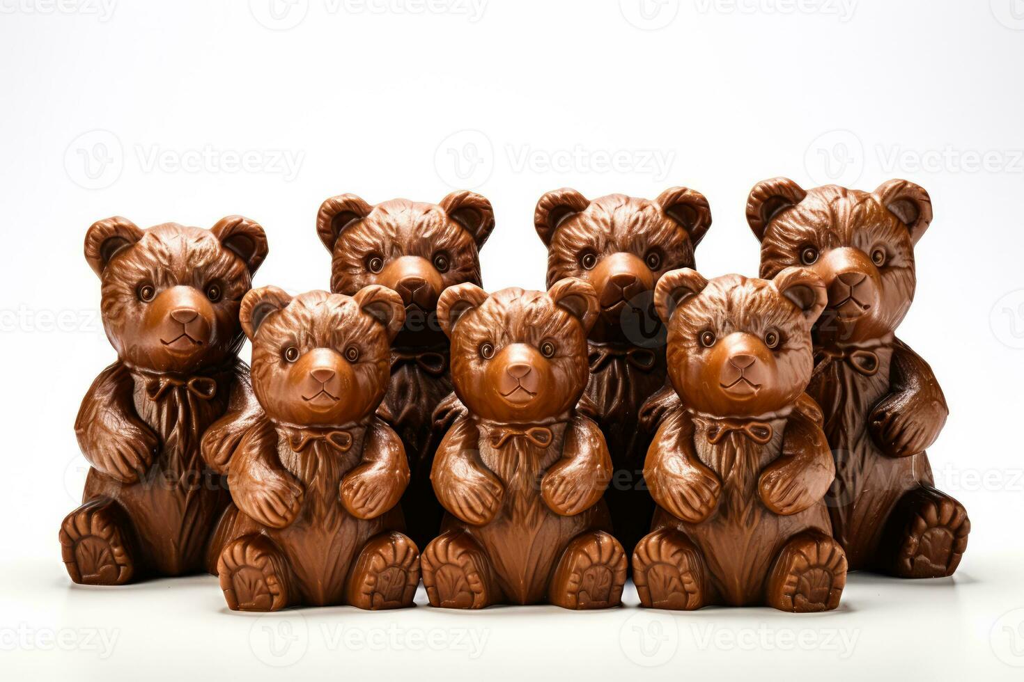 High definition shot of artistically crafted chocolate teddy bears isolated on a white background photo