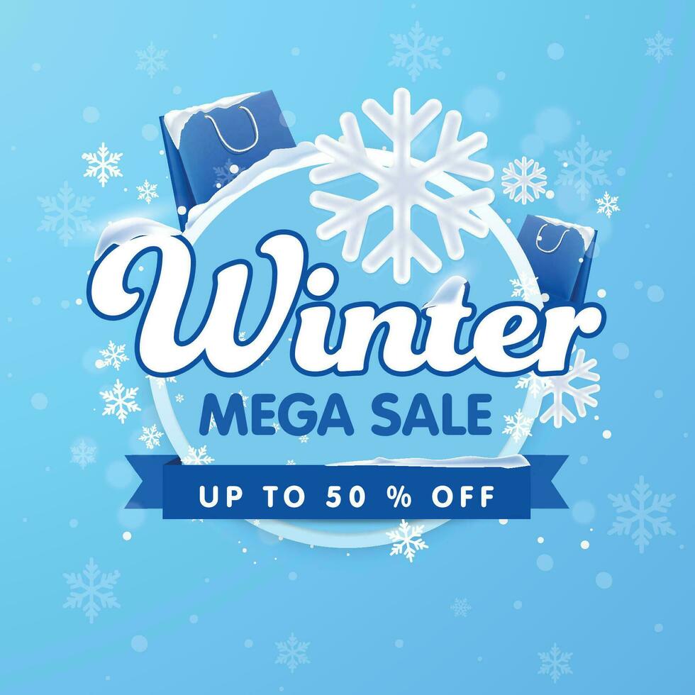 Winter mega sale unit template with snowflakes and shopping bags. vector