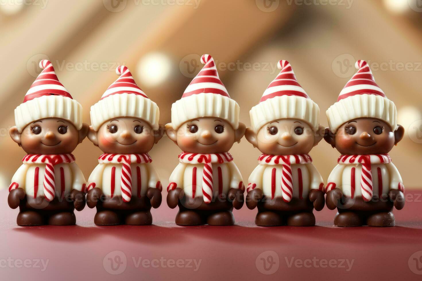 Artisan chocolate elves with candy cane accessories isolated on a gradient background photo