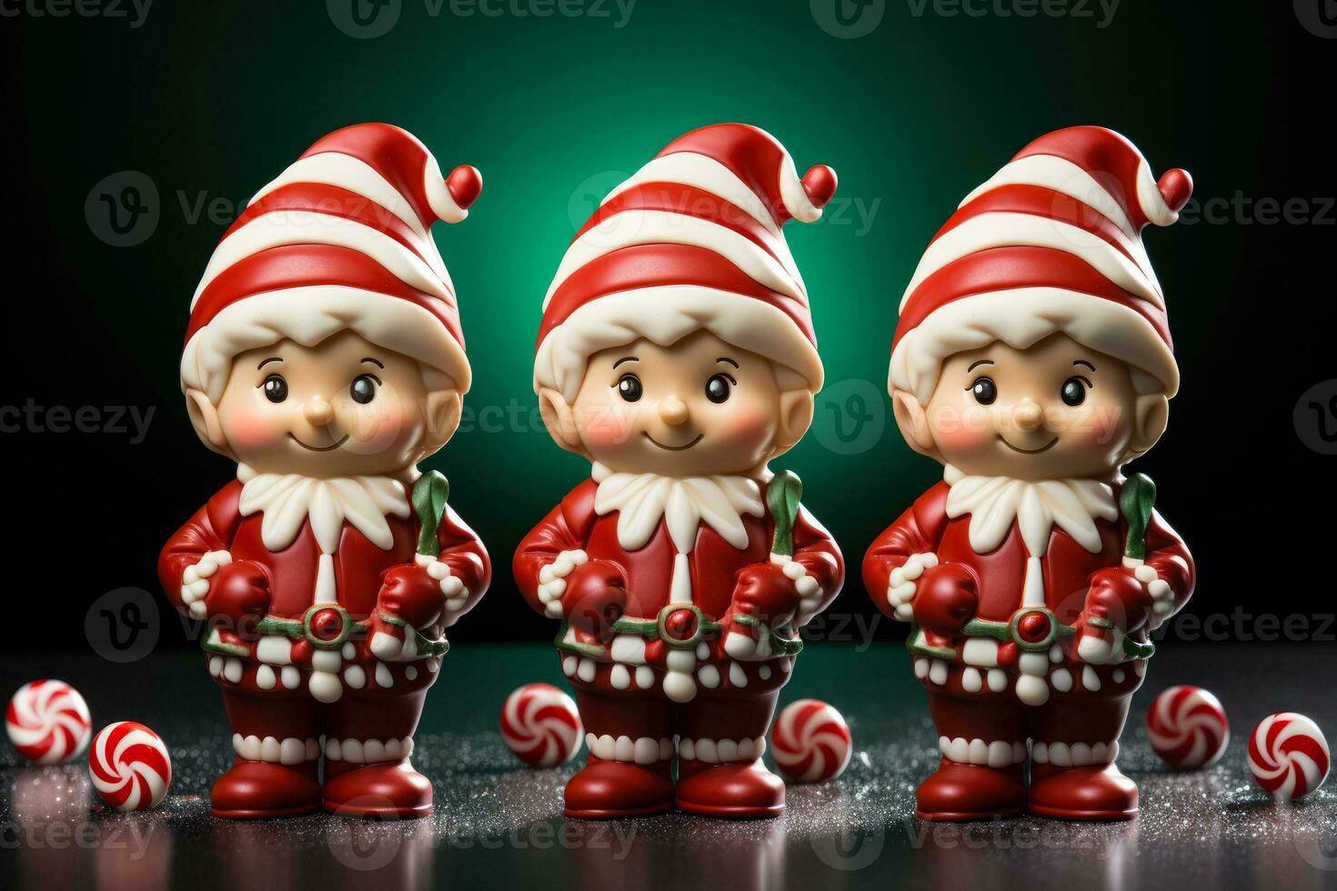 Artisan chocolate elves with candy cane accessories isolated on a gradient background photo
