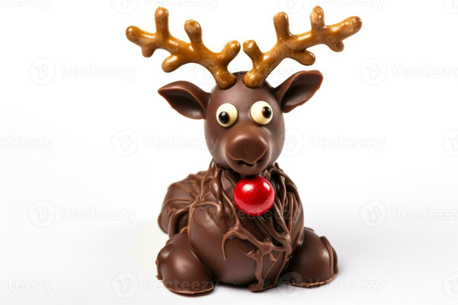 Close up of chocolate reindeer with festive decorations isolated on a white background photo