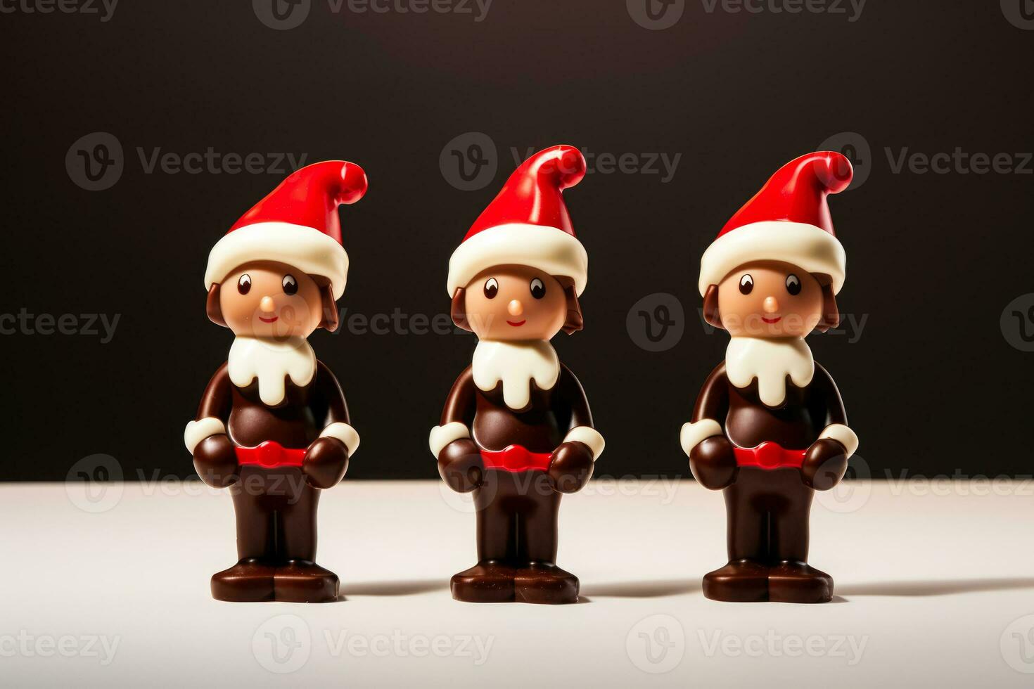 Artisan chocolate elves with candy cane accessories isolated on a gradient background photo