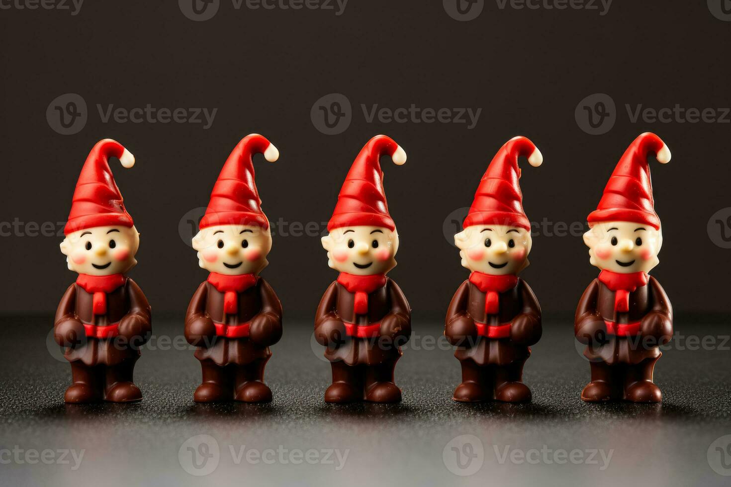 Artisan chocolate elves with candy cane accessories isolated on a gradient background photo