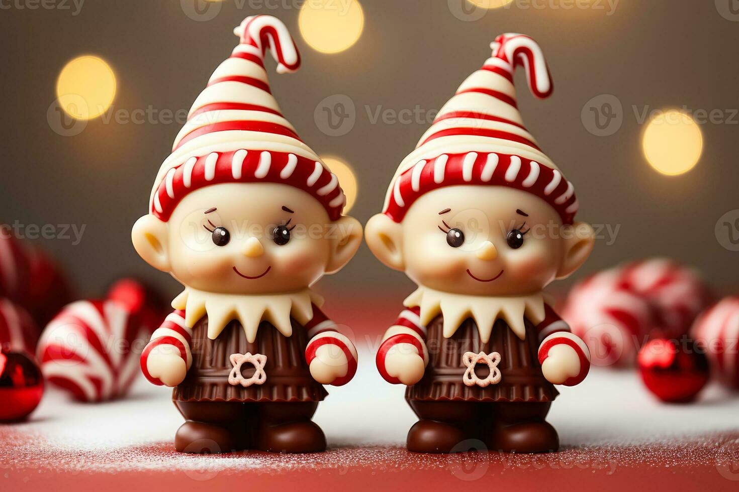Artisan chocolate elves with candy cane accessories isolated on a gradient background photo