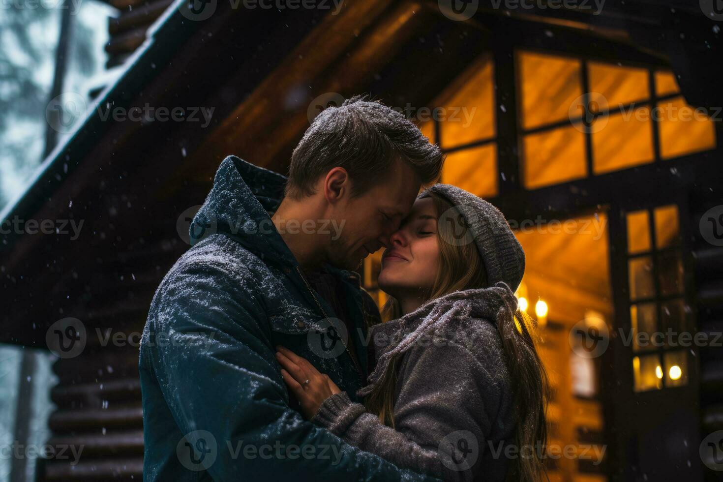 Blissful couple nestling in a cozy cabin amidst heavy snowfall photo