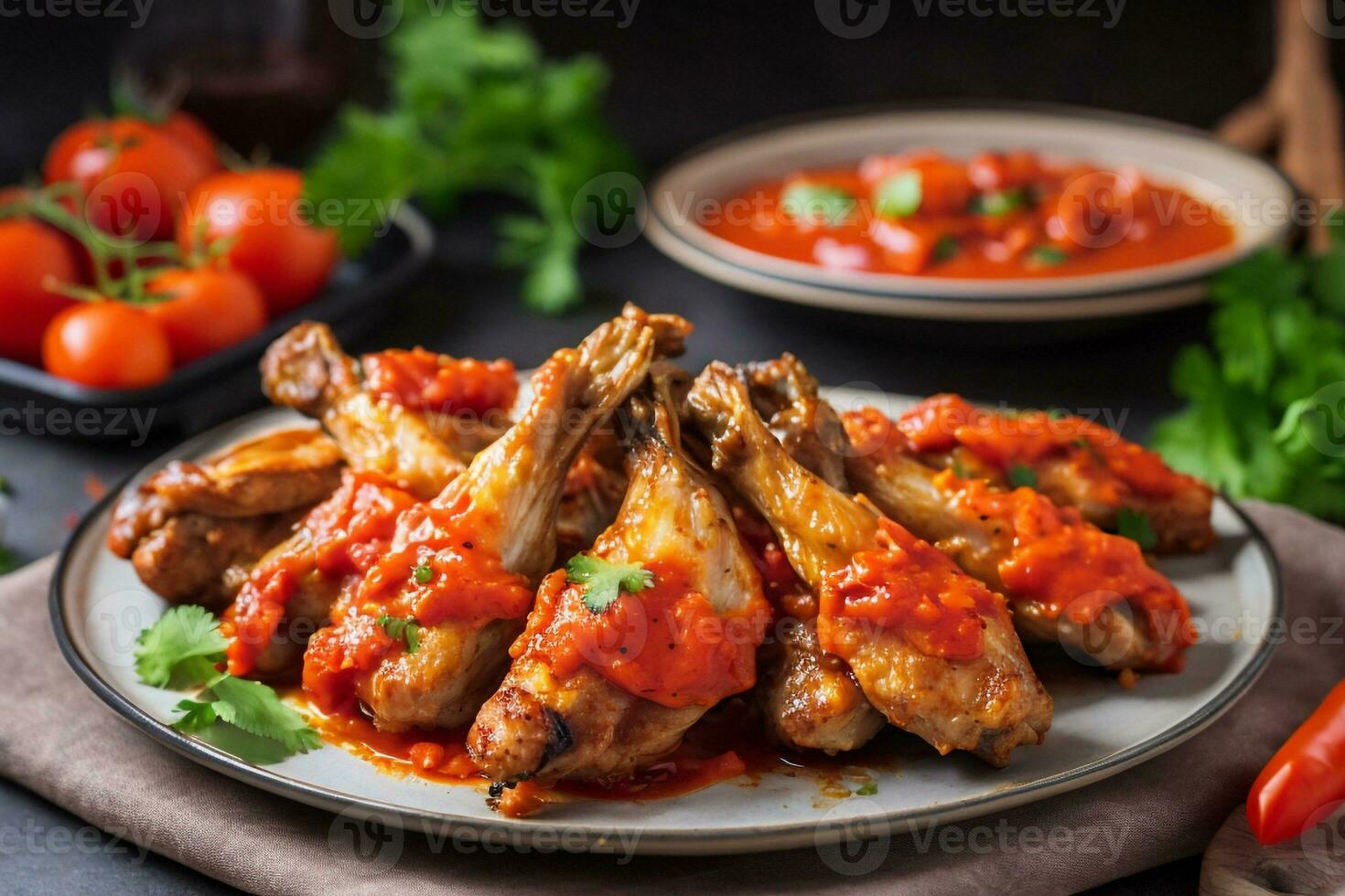 Grilled chicken wings with tomato sauce on plate AI generated photo