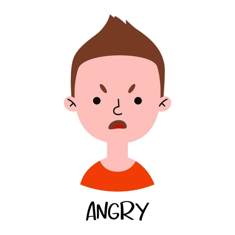 Angry child. The boy in a red shirt is expressing anger. Excitement and frown. Vector cartoon illustration.