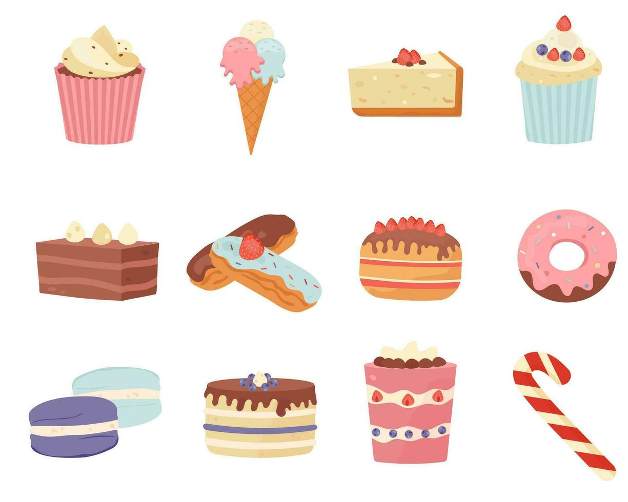 Set of different sweets on a white background, confectionery vector