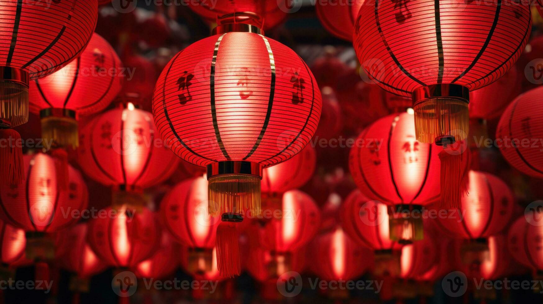 Chinese red lanterns. Chinese festive decorations. Traditional asian new year red lamps. Festival hanging lanterns. AI generated photo