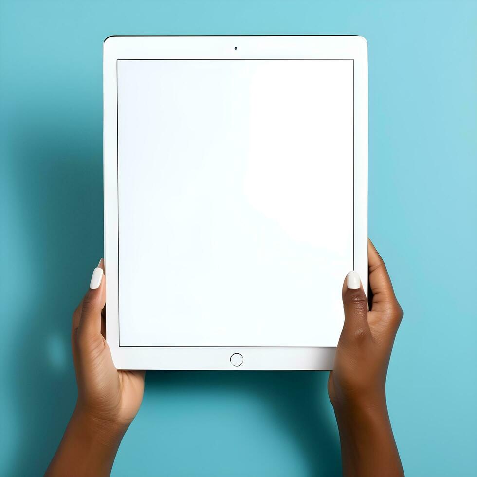 manos participación un ipad con un blanco pantalla. ai generativo foto