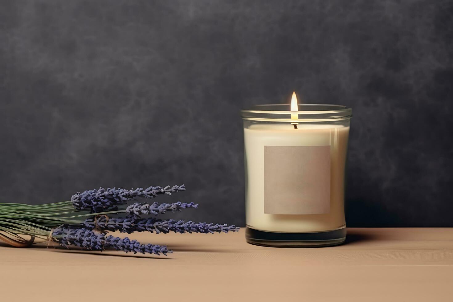 burning candle on beige background. Home interior, comfort, spa, relax and wellness. ai generative photo