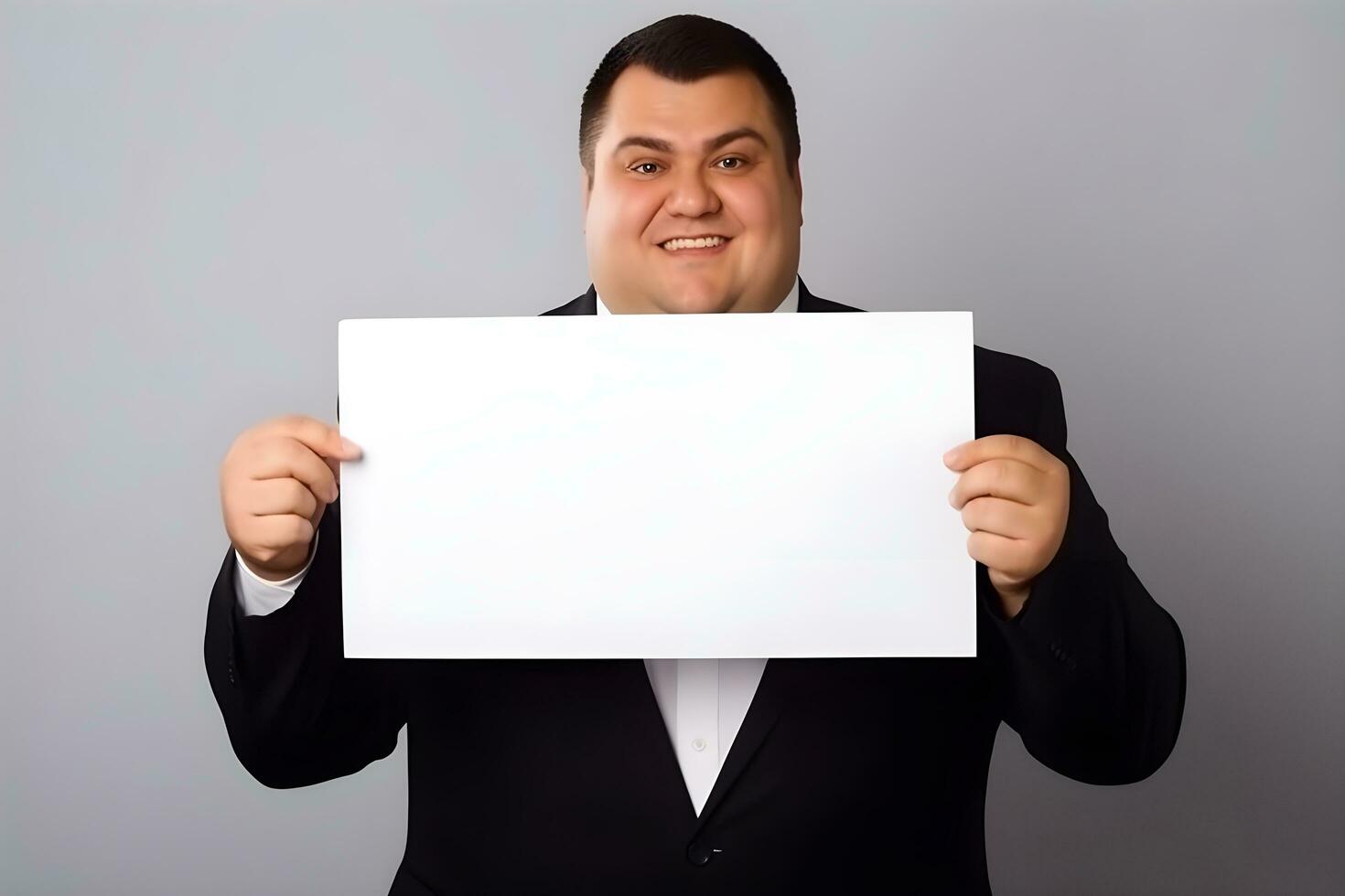 a plussize business manager or ceo  in a suit holding up a blank paper. ai generative photo