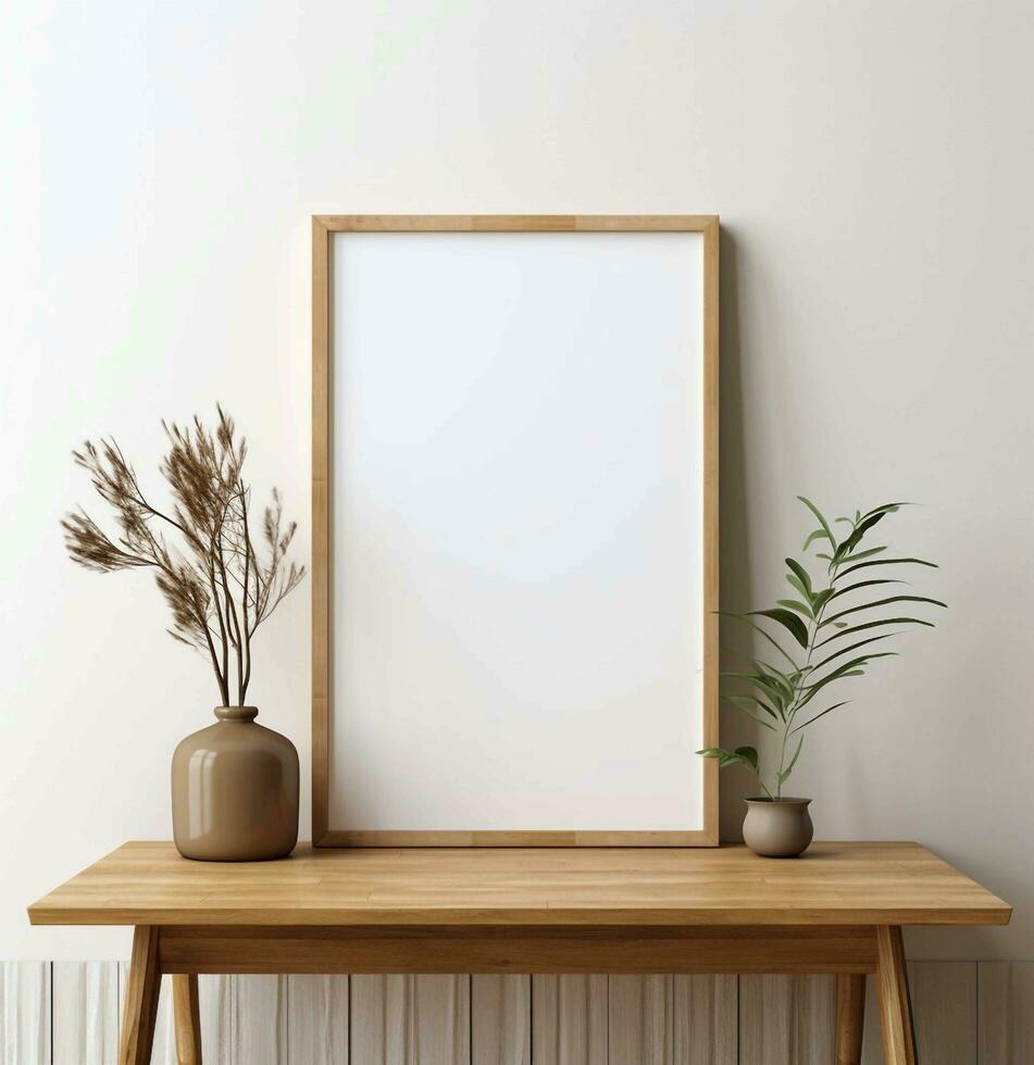 Old wooden frame mockup close up on white wall, 3d render.AI Generative photo