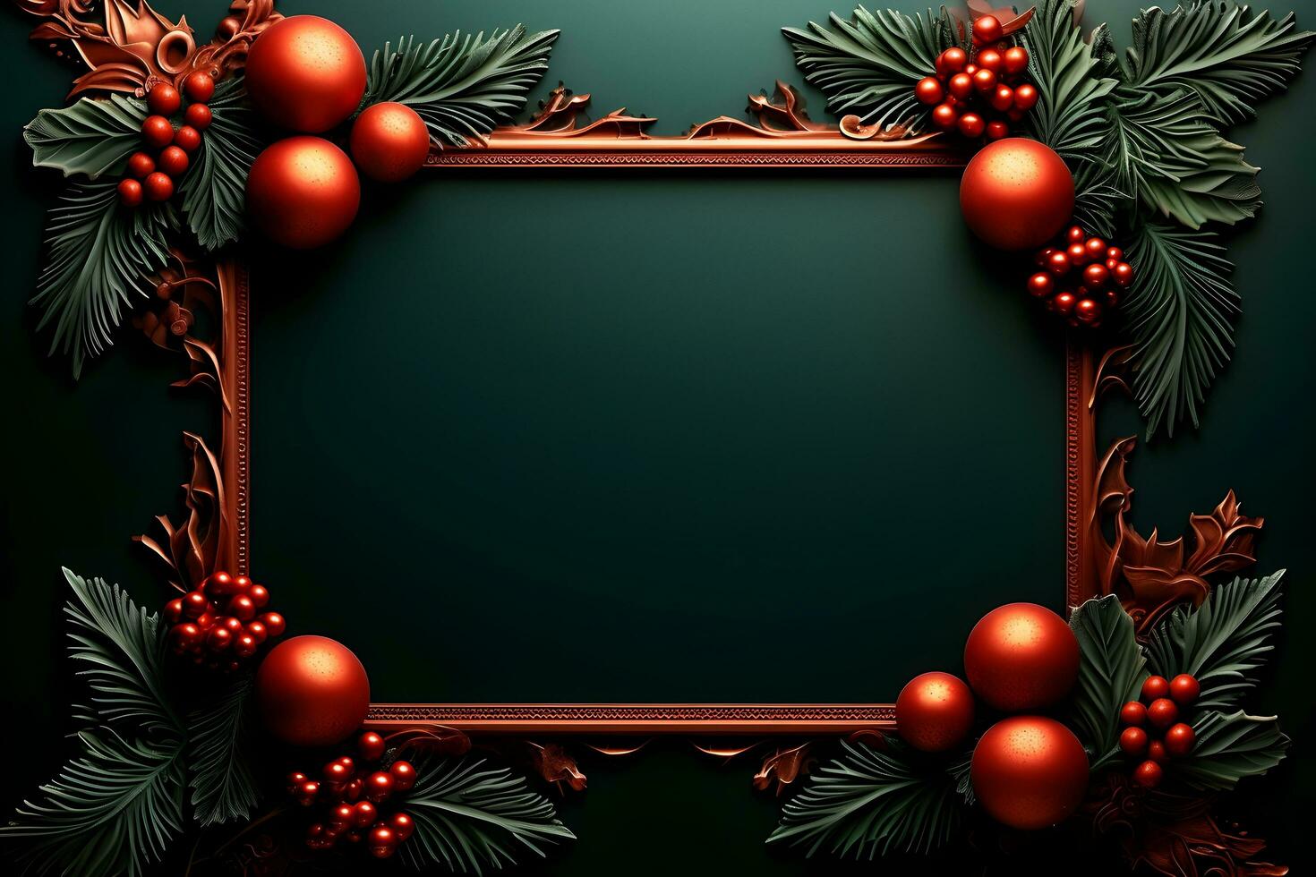 christmas frame with red and gold decorations on a green background. generative ai photo