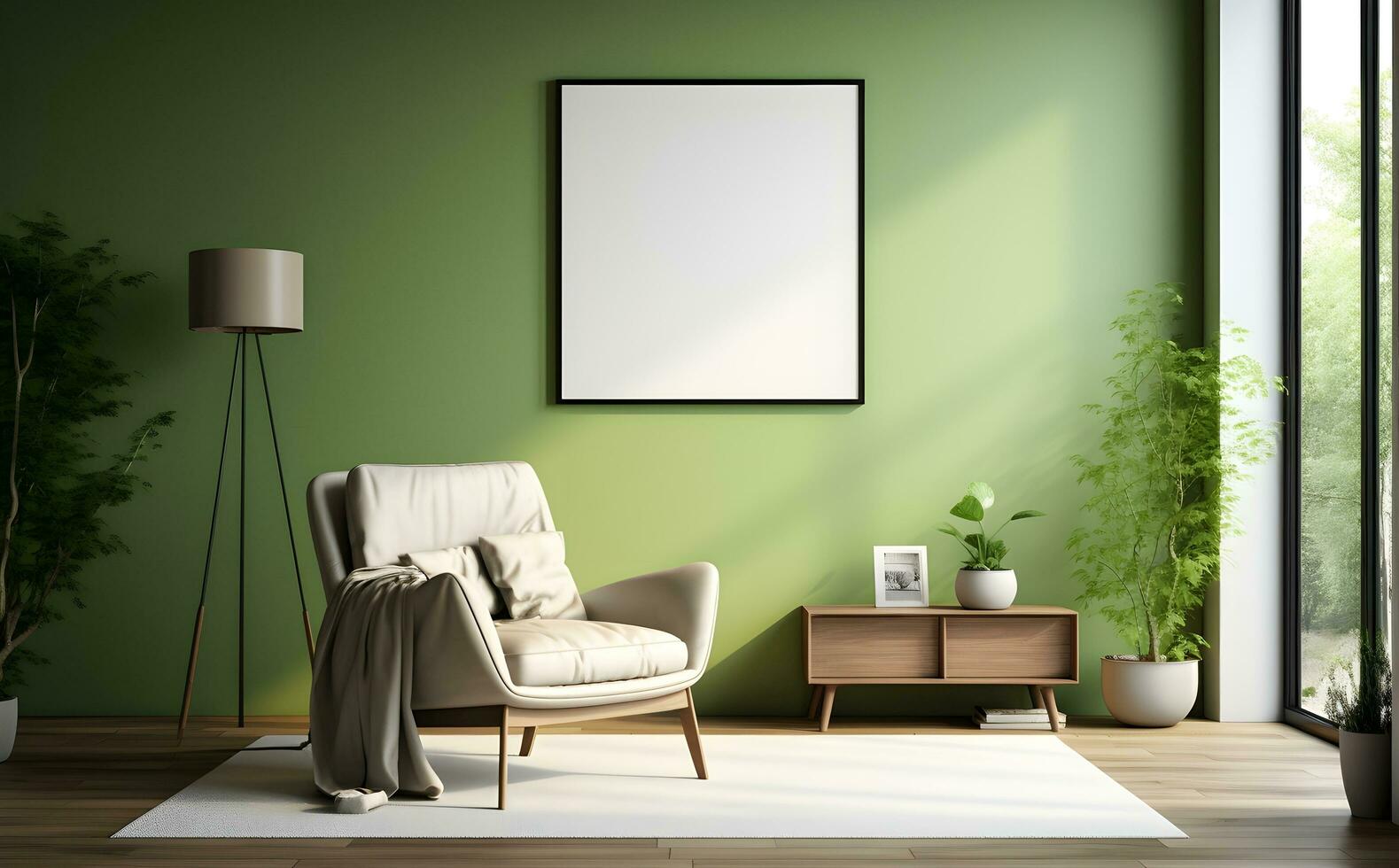 Poster frame mockup in dark green living room interior, 3d render. ai generative photo