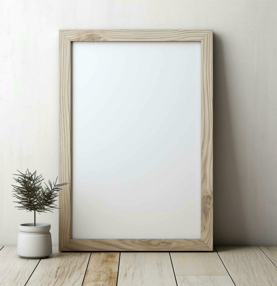 Old wooden frame mockup close up on white wall, 3d render.AI Generative photo