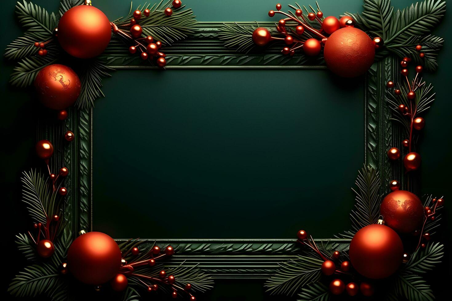 christmas frame with red and gold decorations on a green background. generative ai photo