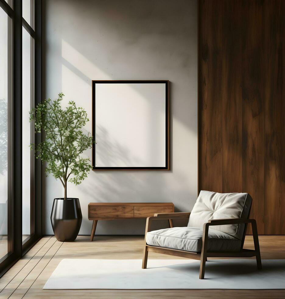 Frame mockup in minimalist decorated interior background, 3d render.ai generative photo