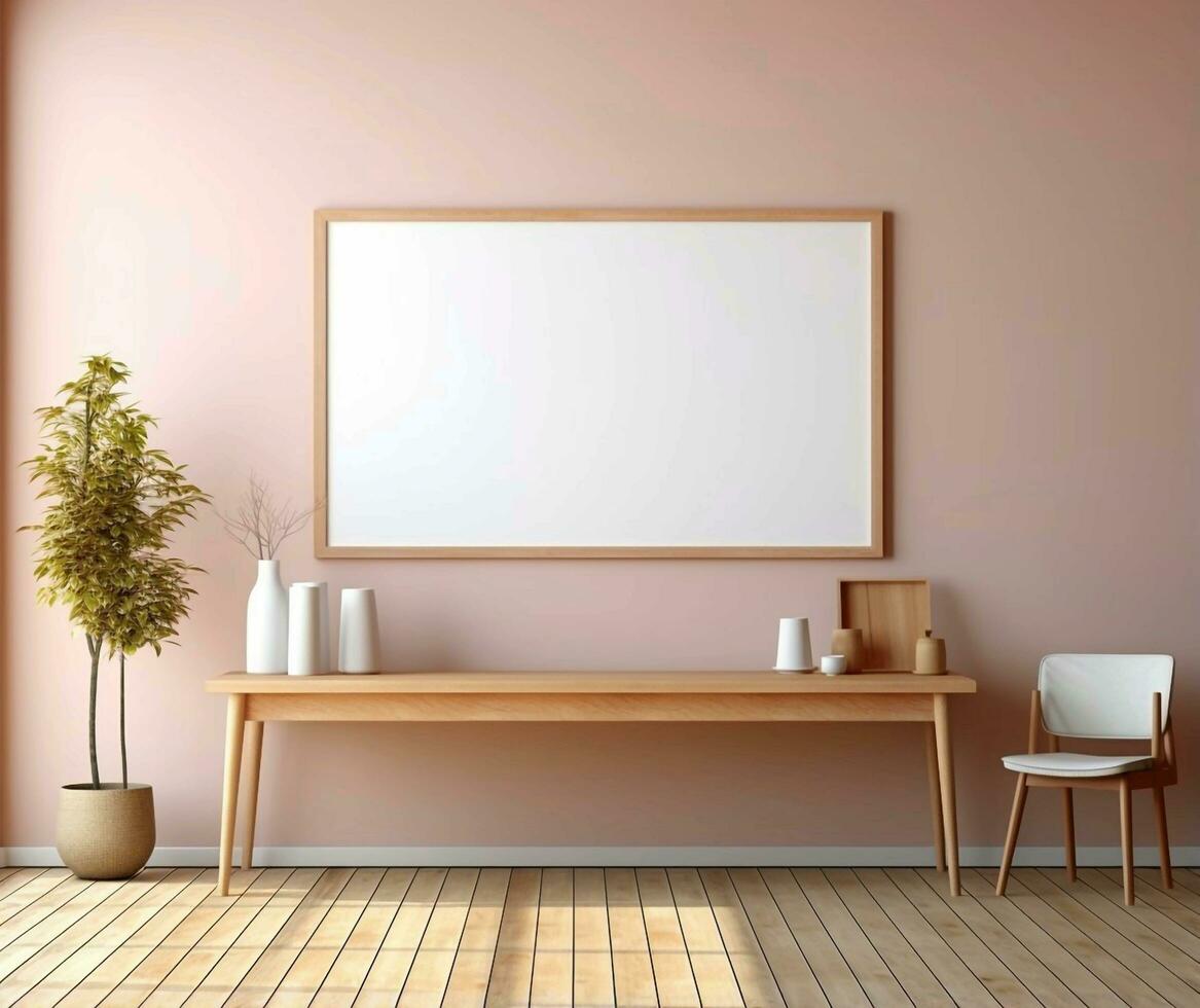 Old wooden frame mockup close up on white wall, 3d render.AI Generative photo