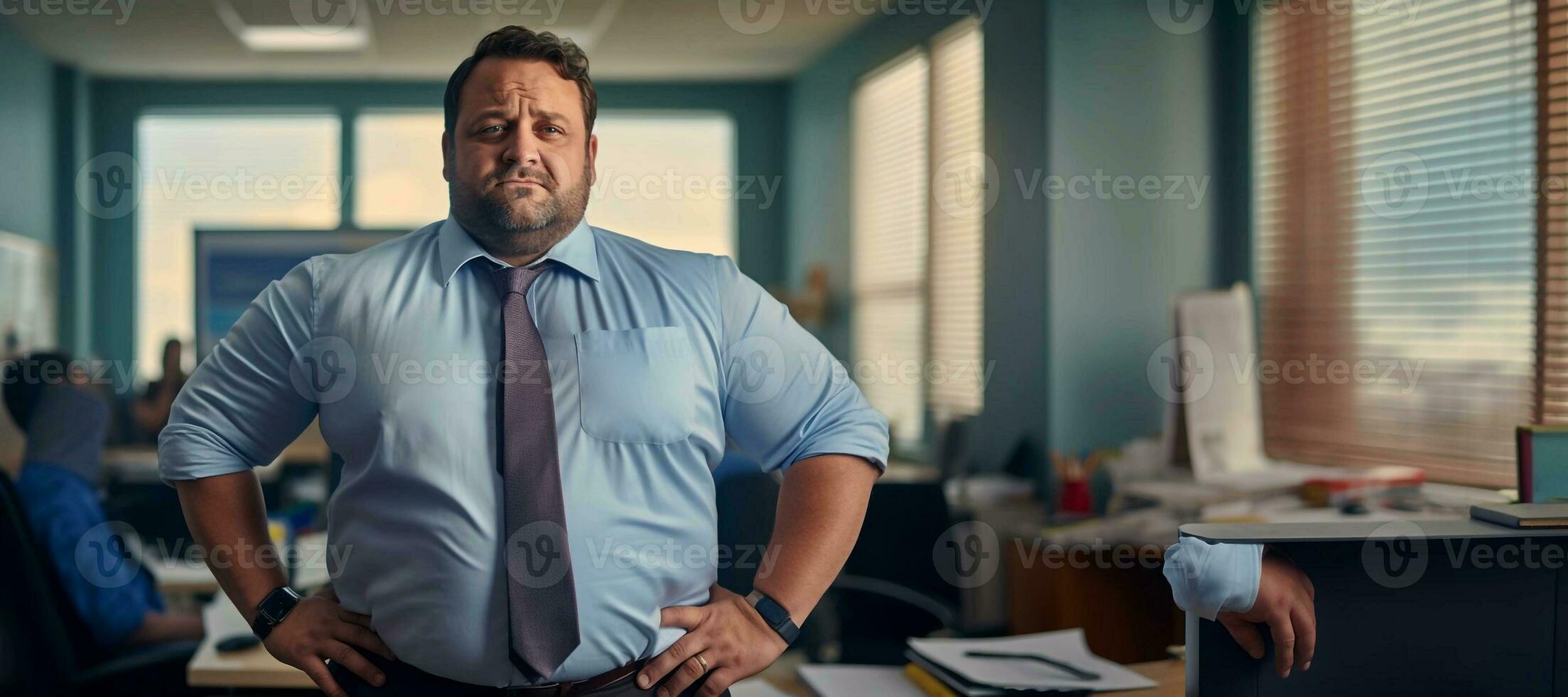 a plussize businessman in a shirt and tie standing in an office. AI Generative photo