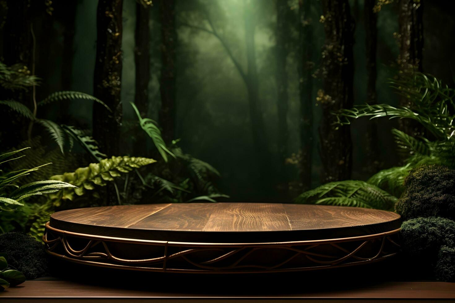 an empty wooden podium with a forest backdrop.ai generative photo