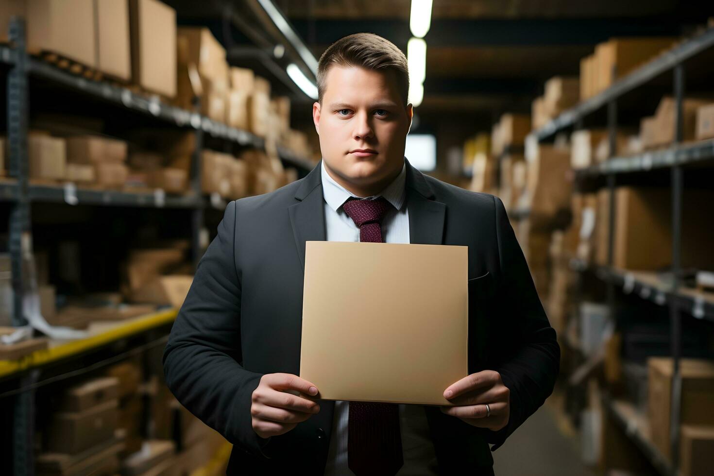 a plussize business manager or ceo  in a suit holding up a blank paper. ai generative photo