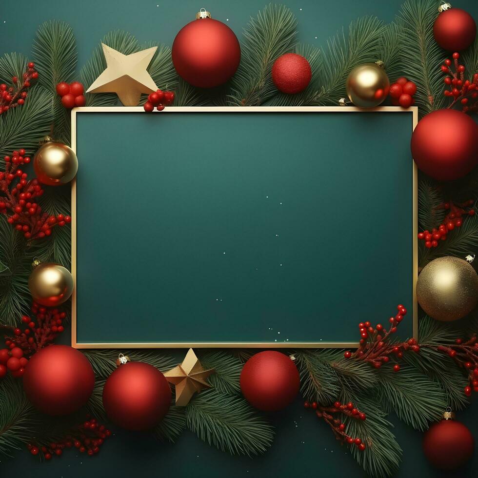 christmas frame with red and gold decorations on a green background. generative ai photo