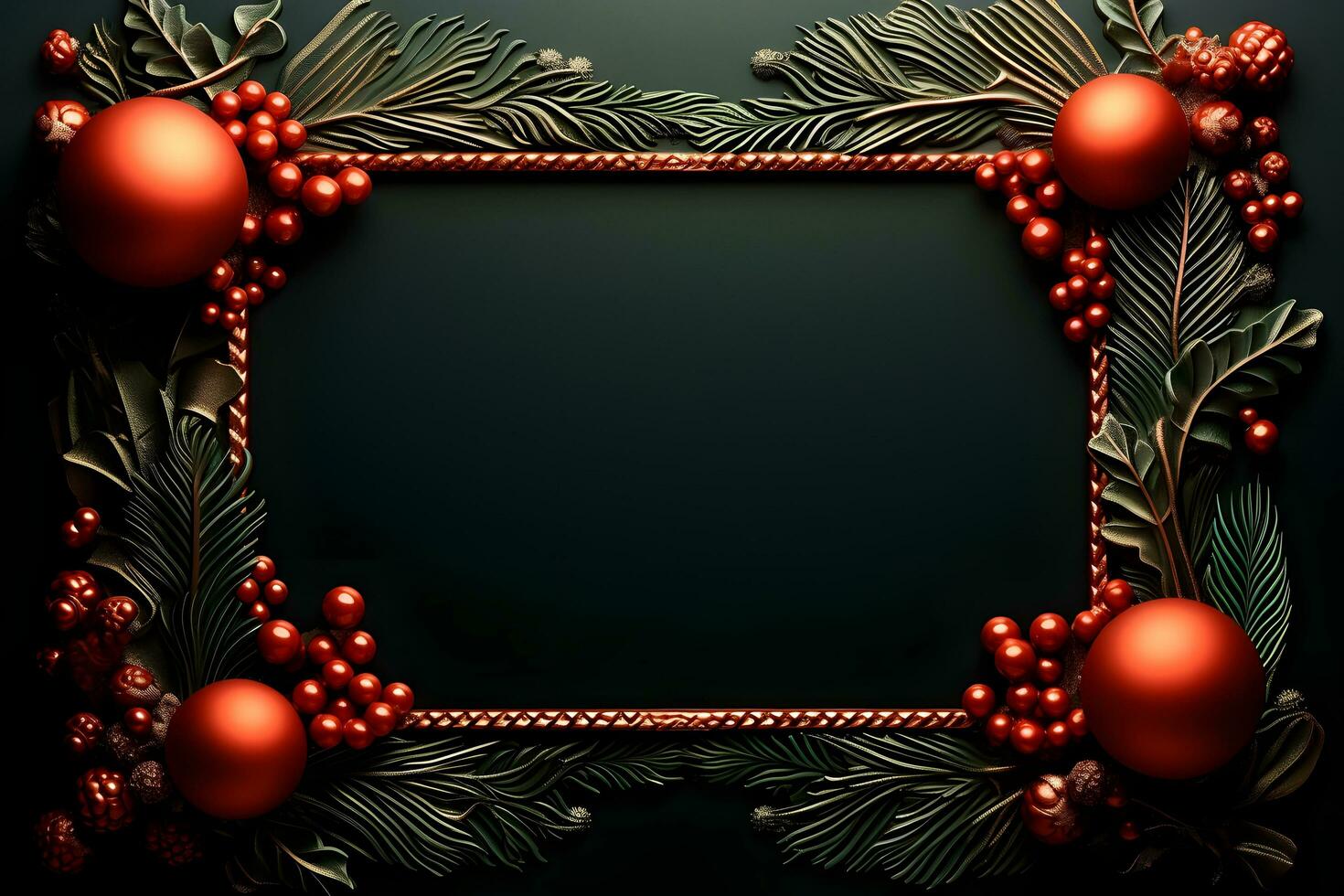 christmas frame with red and gold decorations on a green background. generative ai photo