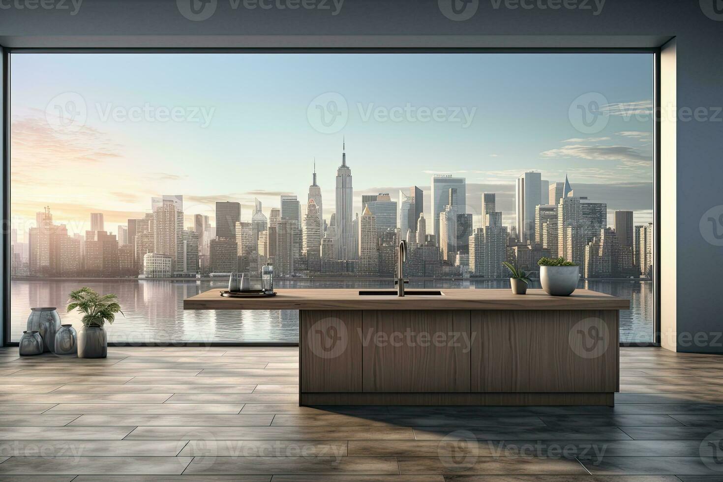 Luxury kitchen interior with white marble countertop, sink and window with panoramic view. Generative AI photo