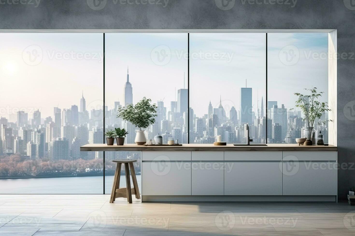 Luxury kitchen interior with white marble countertop, sink and window with panoramic view. Generative AI photo