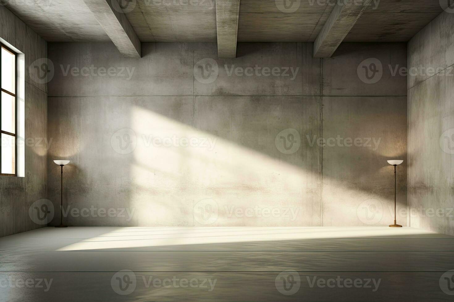 Interior of modern loft with concrete floor and panoramic windows.  Generative AI photo